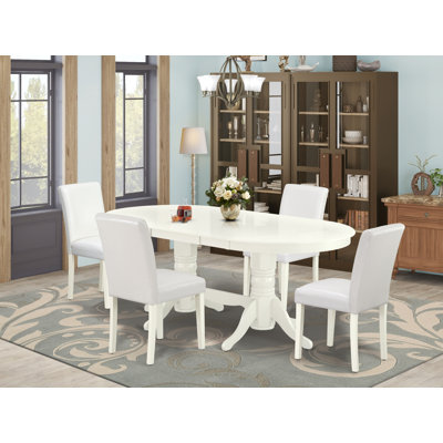 9 Piece Modern Dining Table Set Includes an Oval Wooden Table with Butterfly Leaf and 8 White Faux Leather Parson Dining Chairs, Linen White