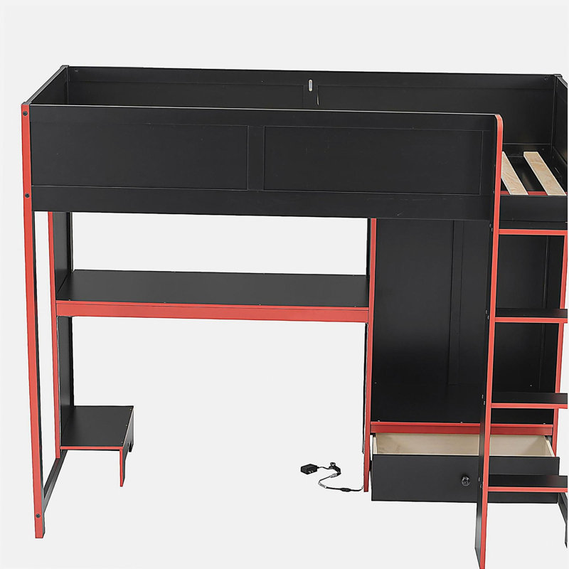 Lit mezzanine simple en bois avec bureau intégré, garde-robe, DEL et tiroir, noir