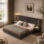 Cadre de lit king size capitonné en tissu chenille, design plissé, table de chevet intégrée et structure robuste - Sommier non requis, gris foncé