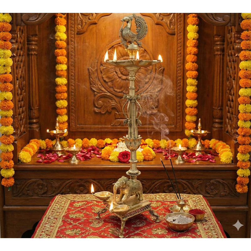 37" Superfine Multi-Wick Brass Peacock Lamp on Elephant Back – Handmade Indian Ritual Sculpture for Temple, Entryway & Luxury Décor