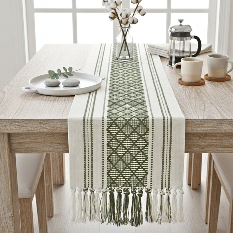 Chemin de table Boho, 72 po x 14 po, Vert olive