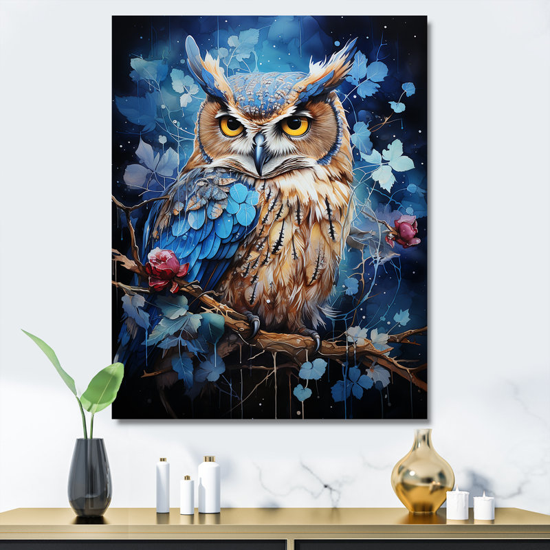 Chouettes bleues au clair de lune I, Toile tendue, H 32 po x l 16 po x P 1 po