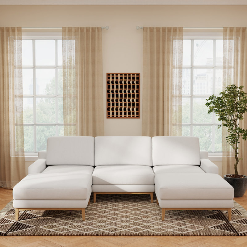 Canapé d'angle Bourbeau 5 pièces, recouvert de tissu et déhoussable, avec pouf, White Polyester, 27.95" H x 117" W x 78" D