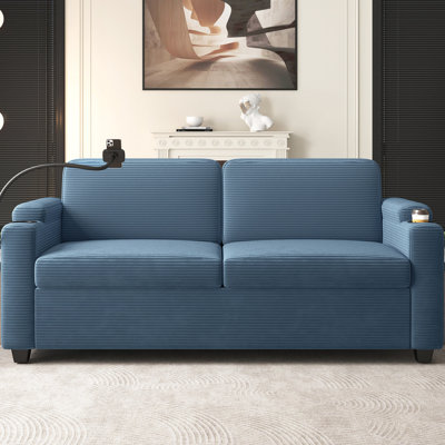 Canapé-lit convertible en velours côtelé avec matelas double, 2 portes, porte-gobelets, poches latérales, support pour téléphone, bleu marine pour la maison, couleur, ports, espace de vie du support