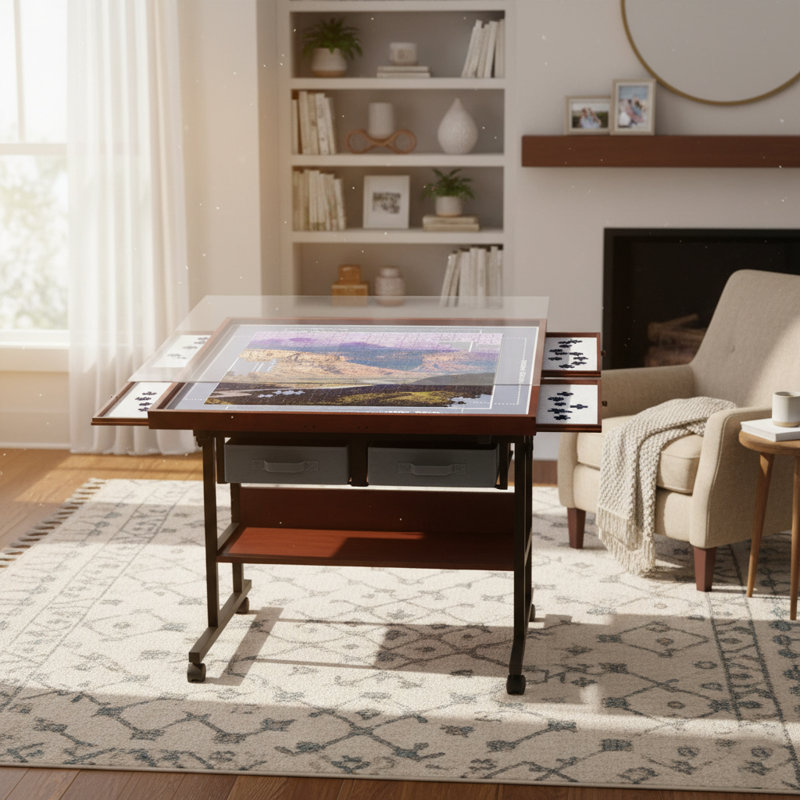 Table tournante en bois avec tiroirs de rangement, plateau de jeu inclinable réglable pour adultes, peut contenir jusqu'à 1500 pièces
