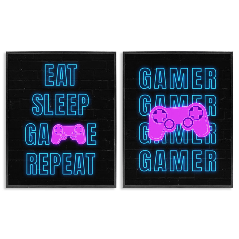 «Neon Gamer Eat Sleep», ensemble de 2 estampes numériques encadrées par Nina Blue, Giclée encadrée noir minuit
