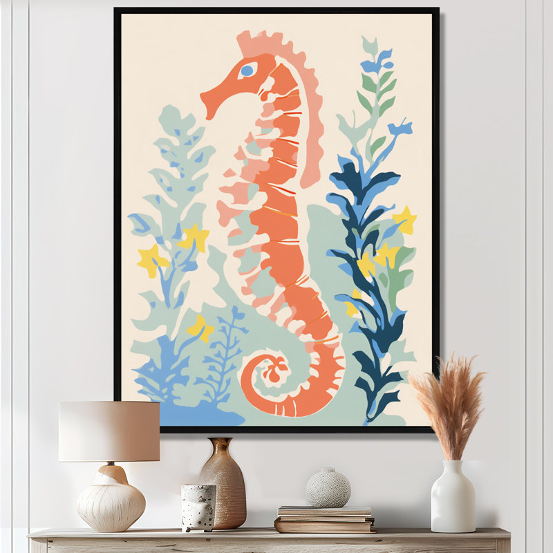 Orange orange profond, hippocampe, Illustration rétro - Hippocampe, art mural, H 20 po x l 12 po x P 1 po