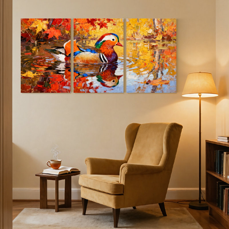 «Birds Mandarin Duck Autumn Reflections», ensemble de 3 impressions sur toile, H 18 po x l 36 po