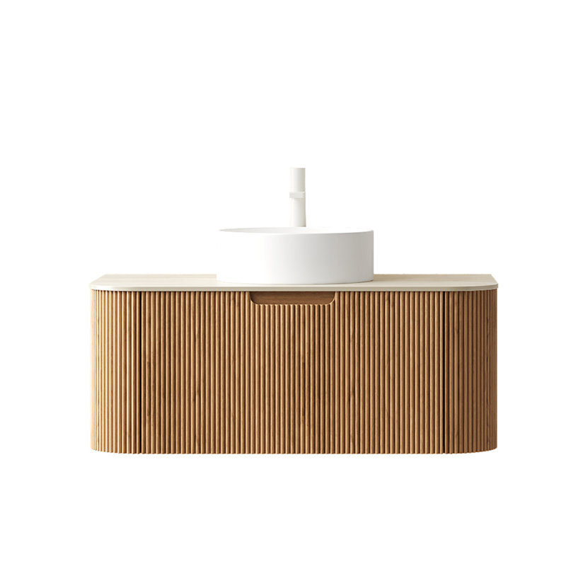 Meuble-lavabo de salle de bain, armoire de rangement contreplaqué à bord arrondi rayé avec tiroir, vasque en céramique blanche et plateau en pierre frittée à motif de travertin, pré-assemblé