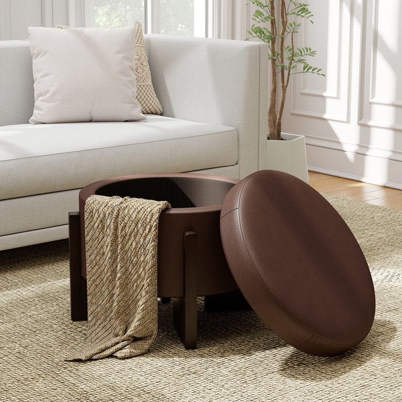  Faux Leather Upholstered Round Ottoman with Storage, Dark Brown