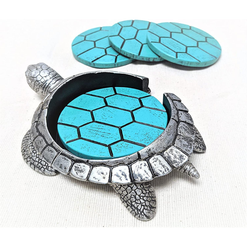 Ensemble de sous-verres en polyrésine avec support Tortue de mer, finition argentée et turquoise