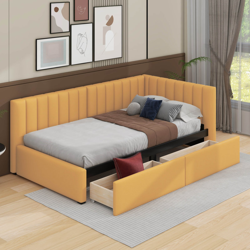 Lit de jour simple tapissier avec 2 tiroirs, support en lattes de bois, Jaune