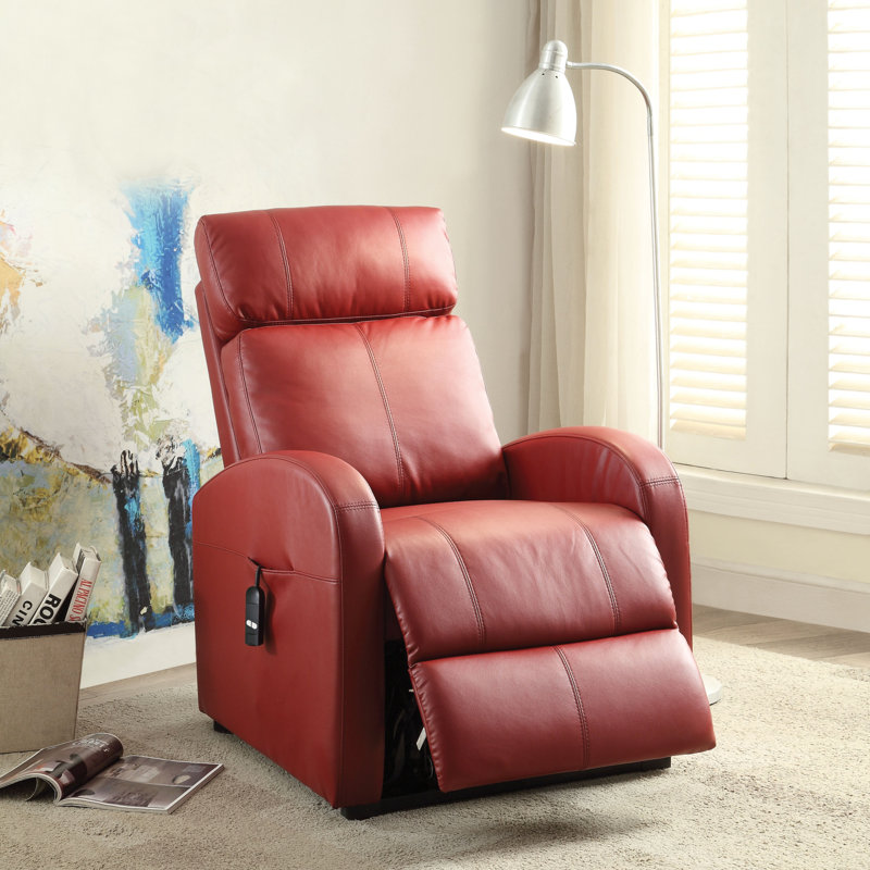 28" Red Tufted Faux Leather Power Lift Assist Recliner, Red Faux Leather