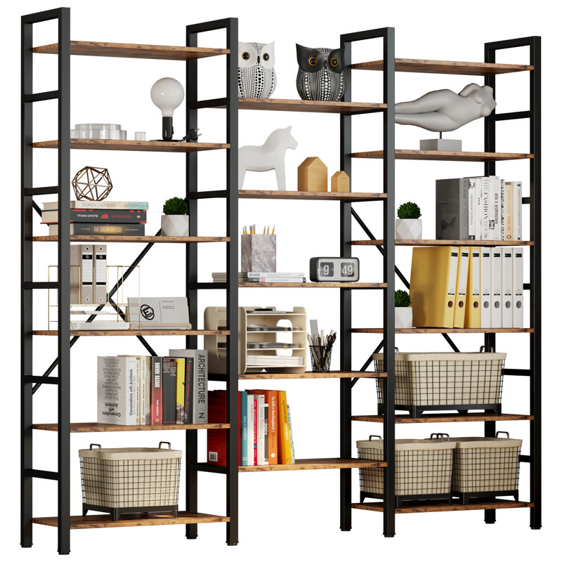 Maziah Triple Wide Industrial Etagere Bookcase , 78" H x 69.3" W x 11.8" D, Vintage Brown
