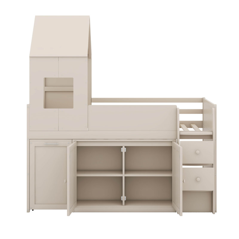Lit mezzanine simple en bois avec bureau, tiroirs, armoires, Beige