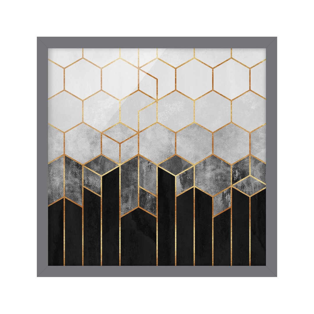 Gerahmtes Poster Golden Hexagons in Schwarzweiß