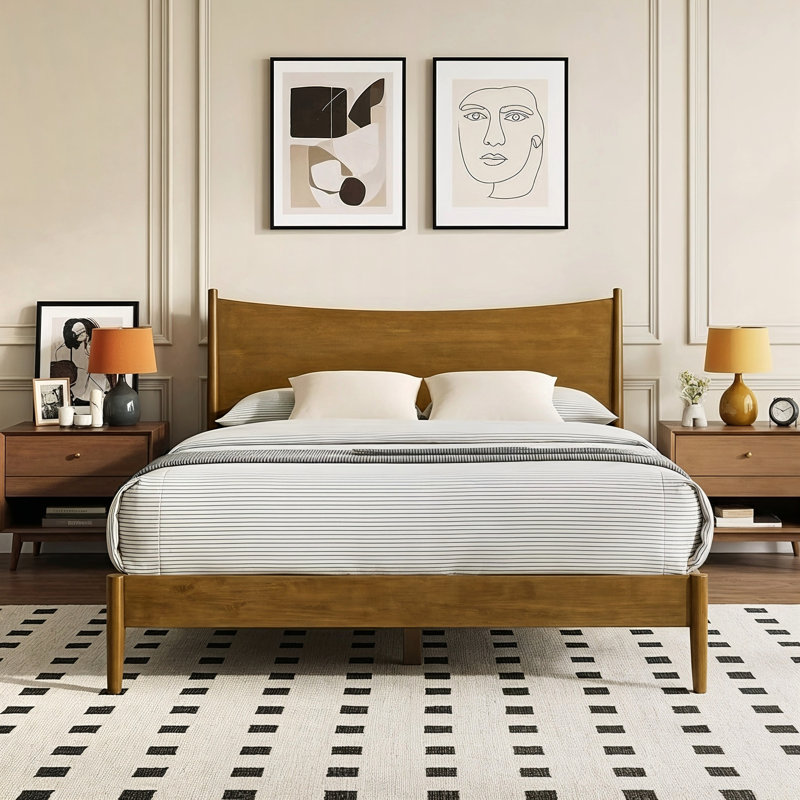 Locke Revalo Mid-Century Solid Wood Queen Platform Bed With Curved Headboard, Brown