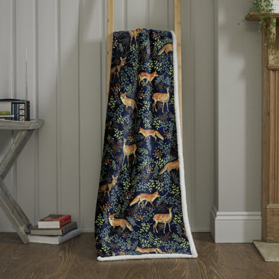 Fox and Deer Throw Blanket Navy