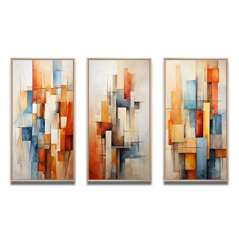 «Cubism Fragmented Perspectives», 3 pièces sur toile, Encadré naturel, H 32 po x l 48 po