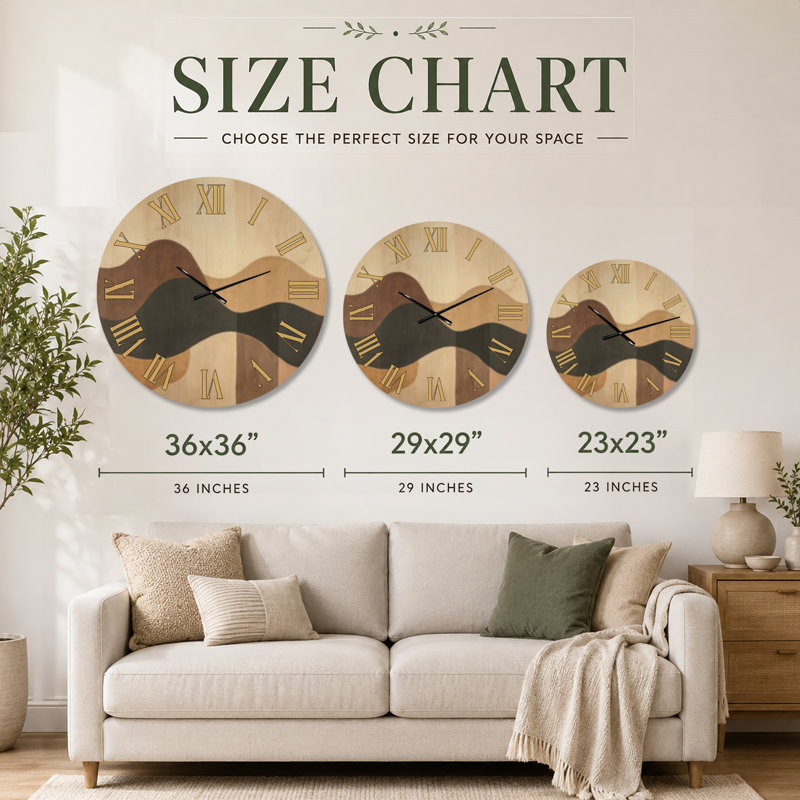 Horloge murale silencieuse en bois brun style bohème, motif vagues terrestres., Très grand