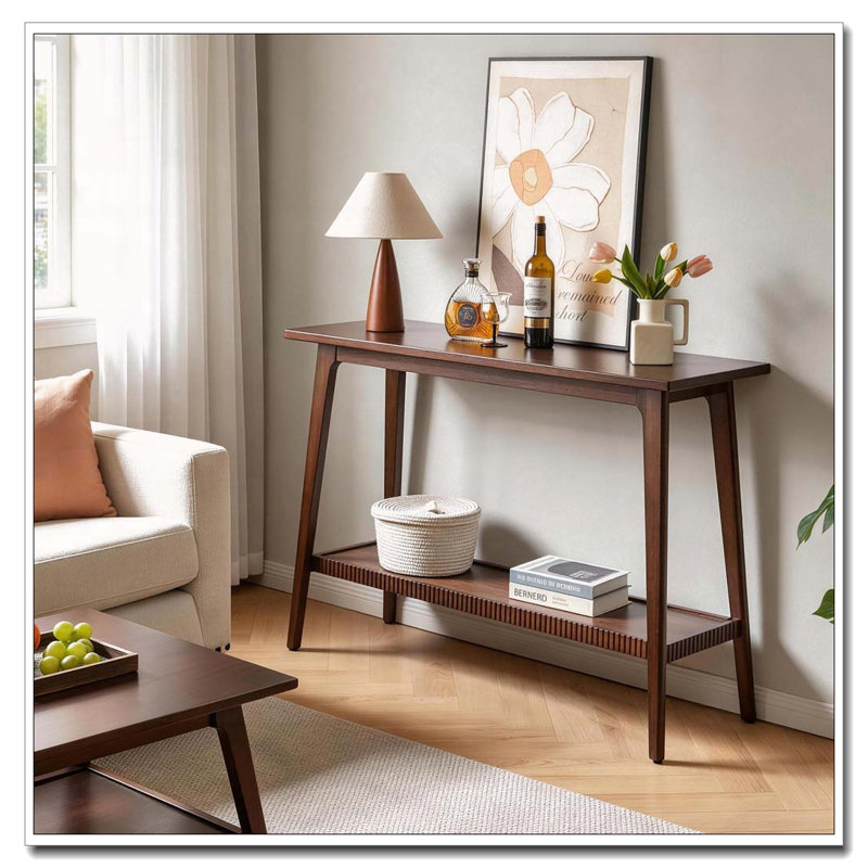 Console d'entrée à deux niveaux en bois massif avec tablette de rangement, Walnut
