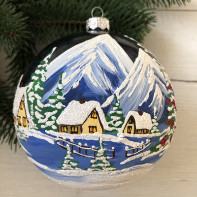 2 Snowmen Merry Christmas 4.9'' Handmade Glass Ball Ornament