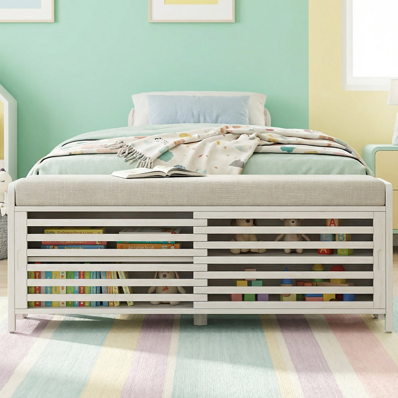Rustic Entryway Storage Bench With Cushion - Shutter Door Organizer For Shoes And Accessories, White