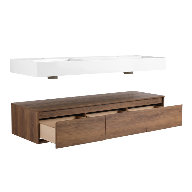 60 Inch Wall-Mounted Bathroom  Vanity With Resin Sink,Soft Close Drawer,Float Mounting Design, Brown Ebony