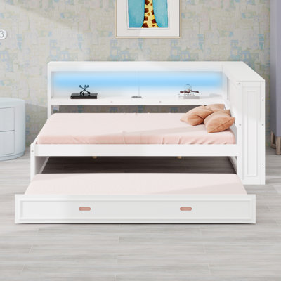 Lit d'angle en L avec lit gigogne, bibliothèque avec tablettes de rangement, lumières DEL et ports USB