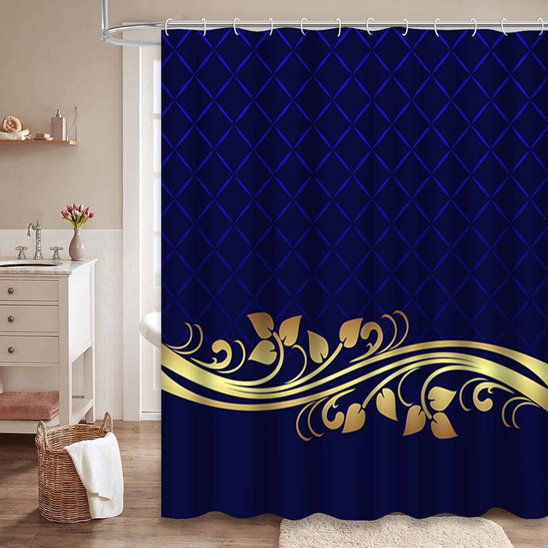 Rideau de douche bleu à bordure florale bleu marine avec 12 crochets, L 72 po x l 84 po