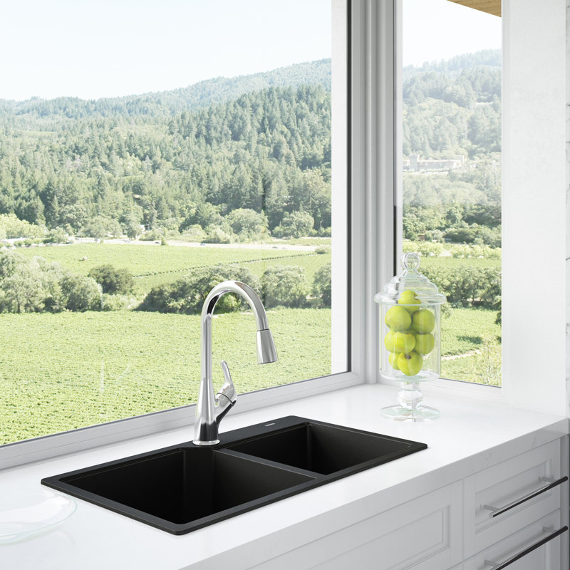 33.88'' L Double Bowl Granite Kitchen Sink, Onyx