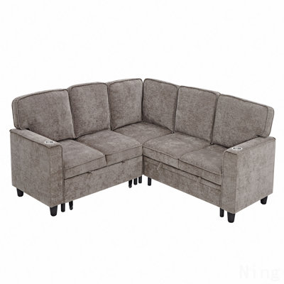 L-Shaped Sofa With Pull Out Sofa Bed, Sleeper Sofa Couch Bed With Storage Seat, 5 Seat Sectional Sofa Bed With Usb, Sectional Sofa Couch For Living Room, Apartment, Light Brown