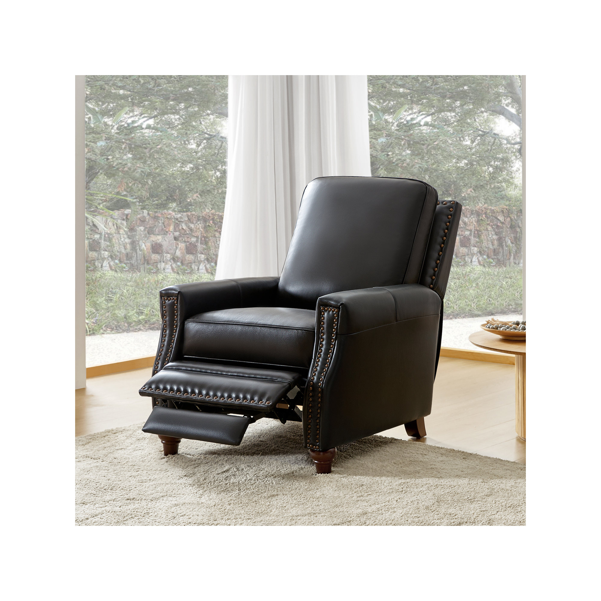 Andrena Genuine Leather Recliner with Nailhead Trim, Black Genuine Leather