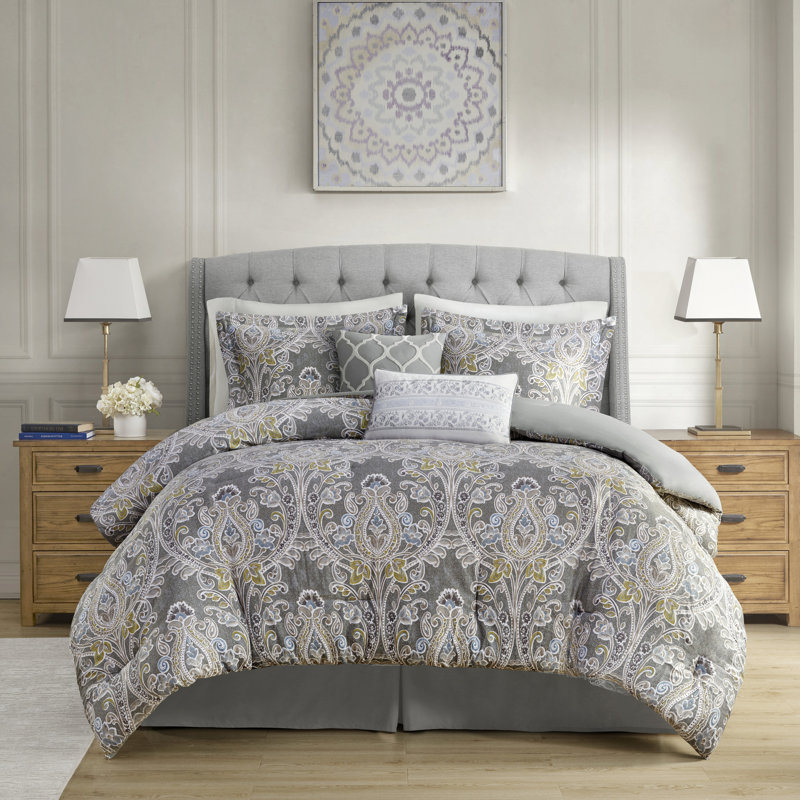 Édredon 6 pièces en coton gris avec une décoration ravissante, Édredon de grande taille et 5 pièces supplément
