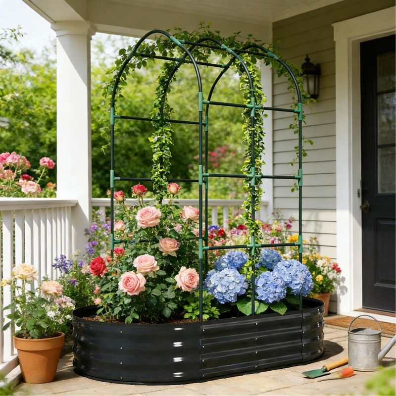 Jardinières spacieuses en métal avec treillis arqué, lit de jardin extérieur moderne
