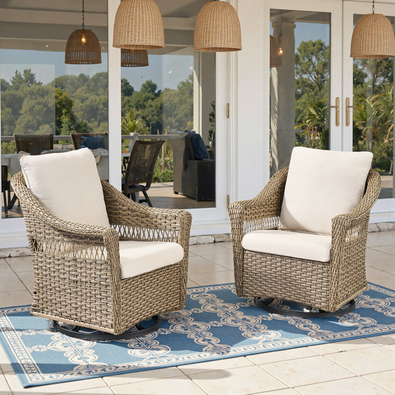 Quirama All-Weather Rattan Outdoor Courtyard High Backrest Swivel Chair With Cushions (Set Of 2)