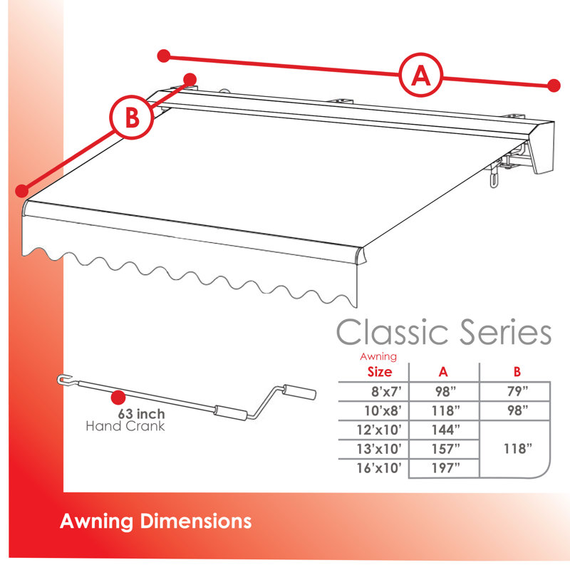 Classic Series 10'x8' Manual Hand-Crank Retractable Shade Awning, 9.8" H x 120" W x 96" D, Navy