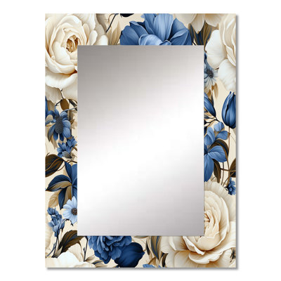 Keene Cobalt Blue Renaissance Roses Victorian Pattern - Floral Mirror, Cottage Decorative Wall Mirror, Printed Metal Art