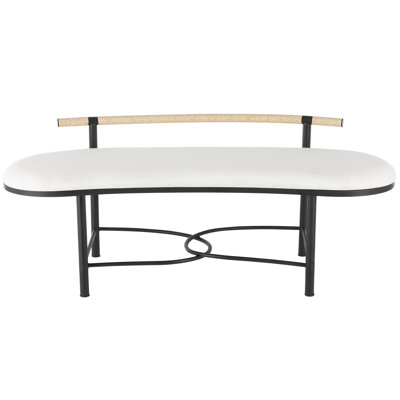 Laquesta Metal Upholstered Oval Abstract White Bench with Black Metal Frame and Rope Rod Backrest