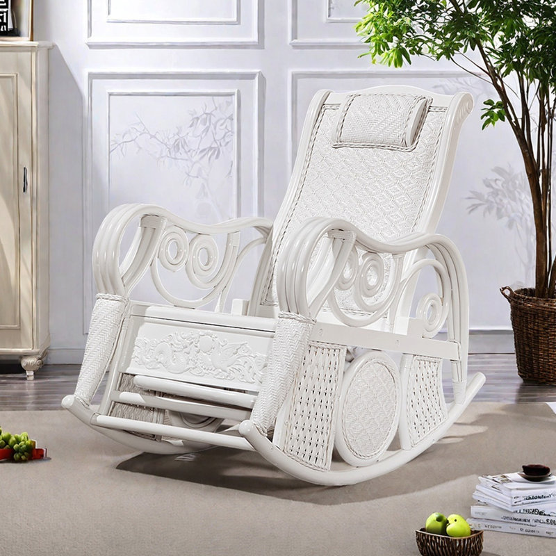 Chaise berçante en rotin décontractée Balcon, Blanc cassé / blanc