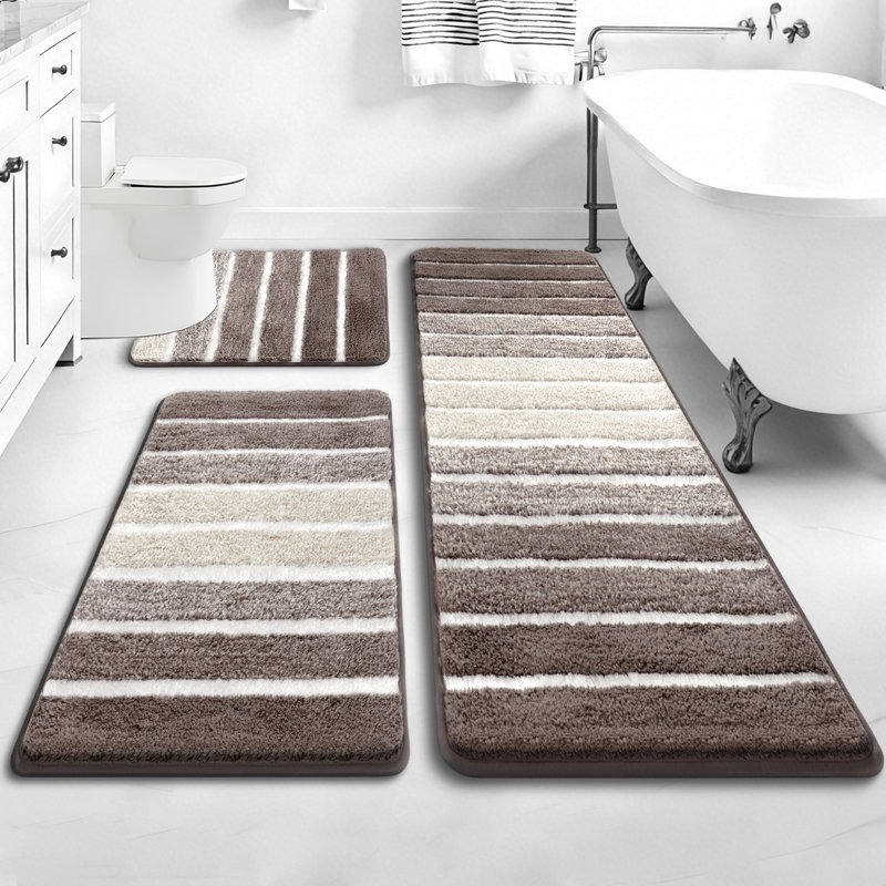 Absorbent Non-Slip Striped Bath Mat Bathroom Rug (Set Of 3), Brown