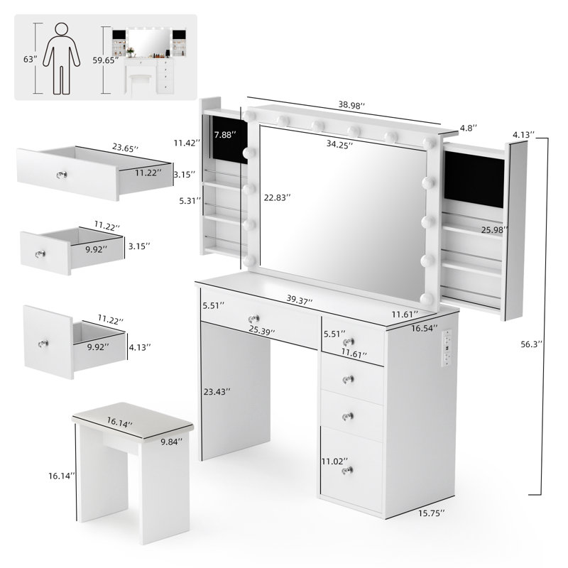 Greyden 14 Hollywood Bulbs Vanity Set with Hidden Space and Outlets, White