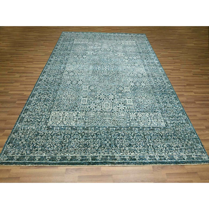 Tapis turc 8 pi x 10 pi 1 po bleu, motif pré-historique du 14e siècle, motif mamelouk, colorants naturels, noué à la main, pure laine