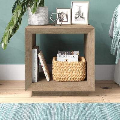 22" Wide End Table with Open Lower Shelf — Antiqued Grey Oak Scandinavian MDF Side Table for Living Room or Bedroom | Evie