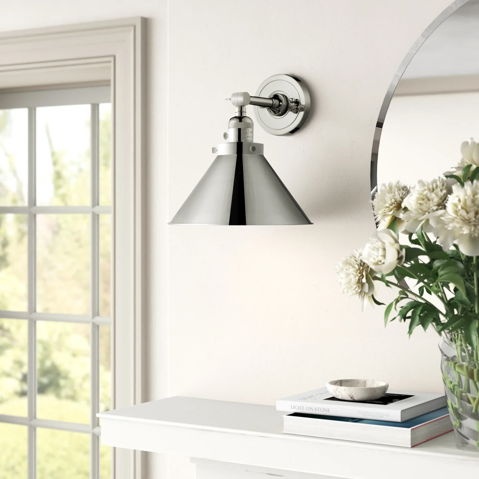 Dillon Single Light Dimmable Armed Sconce, 60 W Incandescent Vintage Dimmable Bulb, Polished Nickel, Polished Nickel