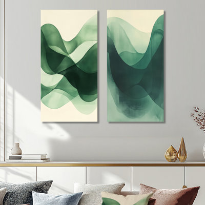 Green Beige Abstract 2 Piece Wall Art, Neutral Curve Canvas,  Green And Beigee Minimal Curves