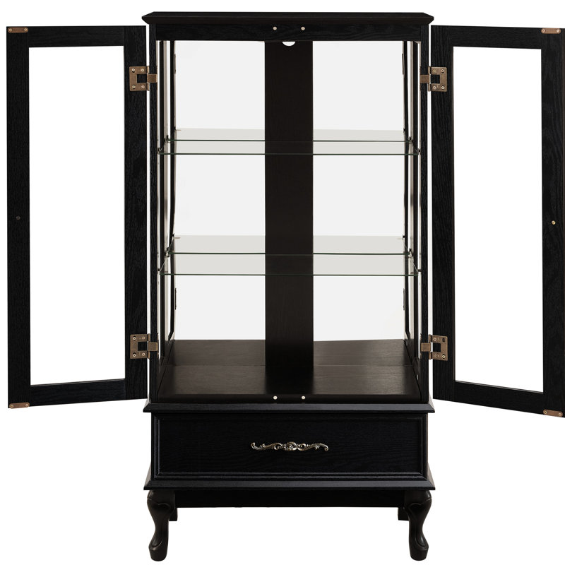 Vitrine lumineuse en verre éclairé, beaux pieds de table, tiroir, trois tablettes, armoire à tablettes fixes et réglables, décoration intérieure, portes, dossier en miroir, éclairage intégré