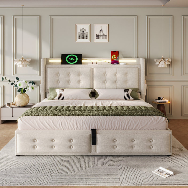 Bed, Double, Beige