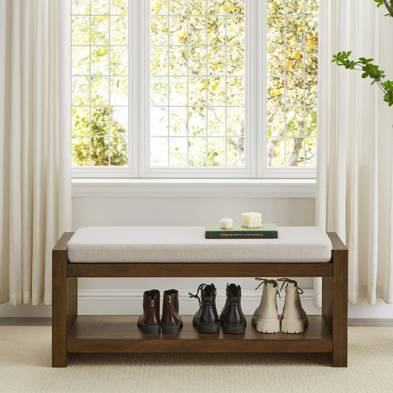 40" Accent Bench With Lower Shelf Shoe Rack, Padded Seating Bench For Living Room, Modern Compact Bed End Bench With Storage For Bedroom Seating, Removable Cushion