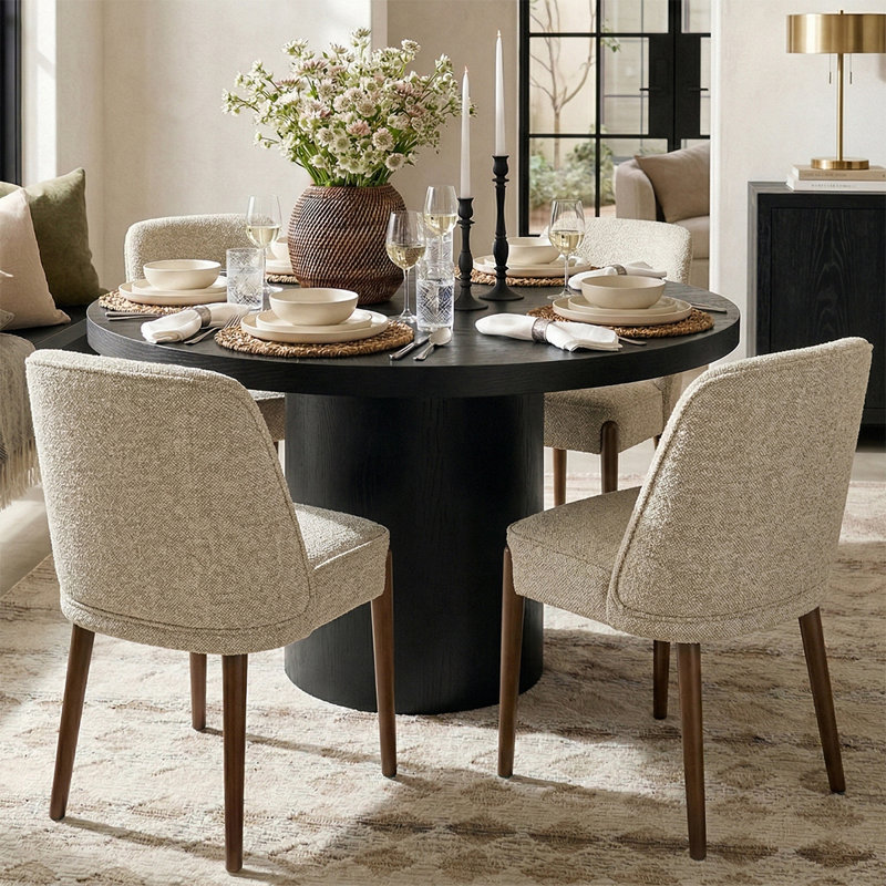 4 - Person Dining Table Sets With Solid Wood Round Table & 4 Fabric Upholstered Chairs, Black, Beige